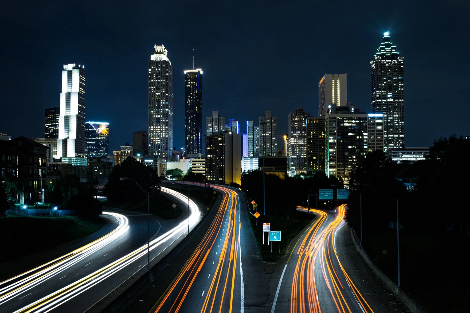 Atlanta’s skyline at night from the Jackson Street Bridge