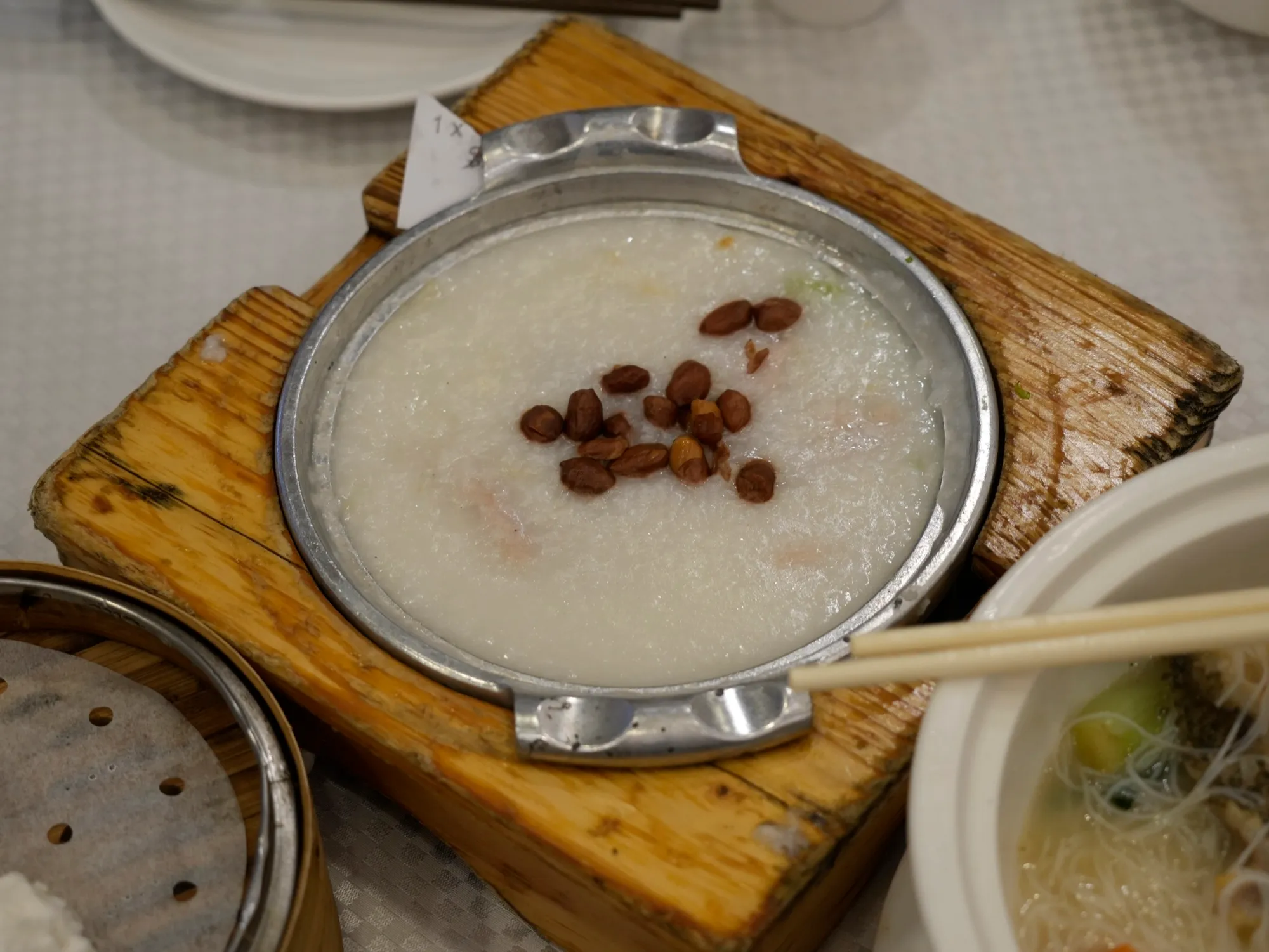 A bowl of plain rice congee at a restaurant in Hong Kong