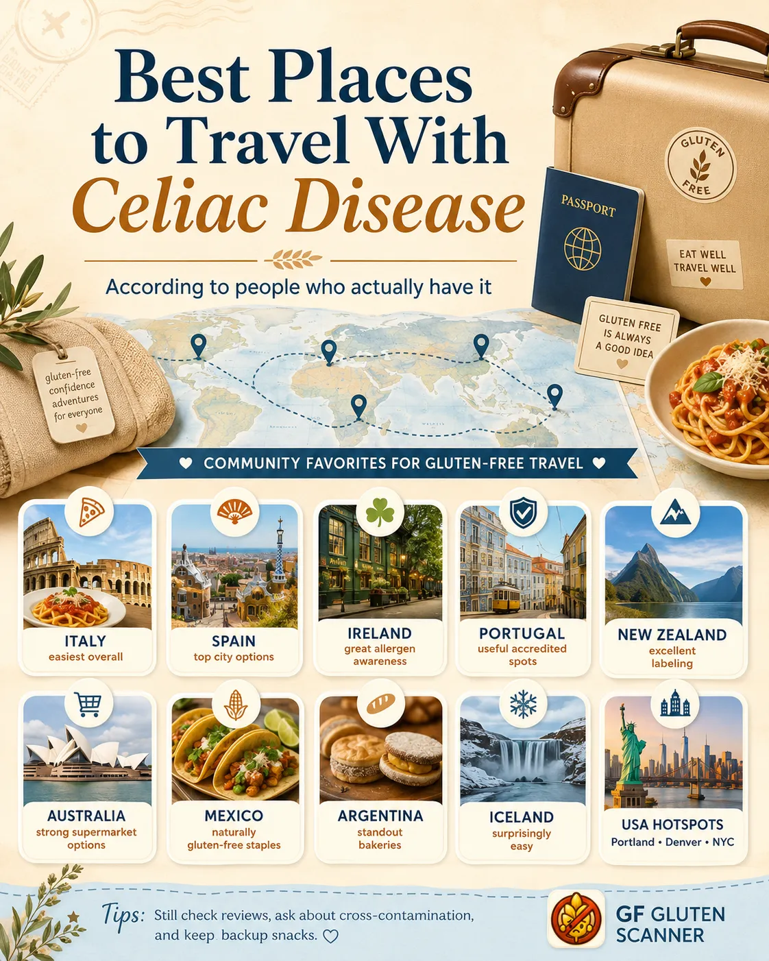 Infographic: best places to travel with celiac disease, according to people who actually have it — Italy, Spain, Ireland, Portugal, New Zealand, Australia, Mexico, Argentina, Iceland and top US cities
