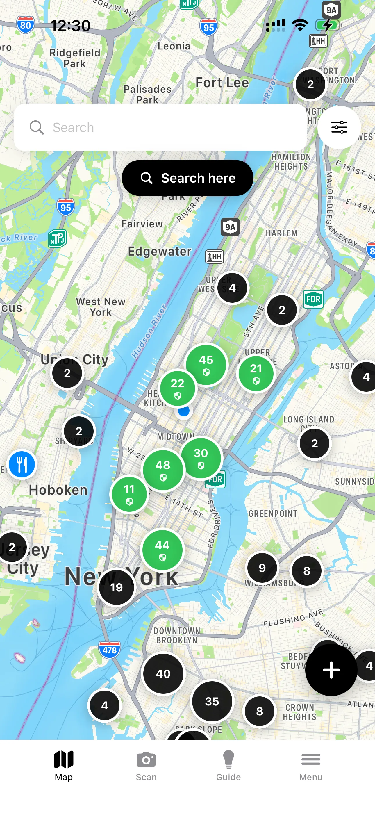 GF Scanner map view showing gluten-free restaurant clusters in New York City