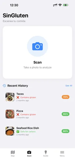 Food gluten scanner with recent scan history