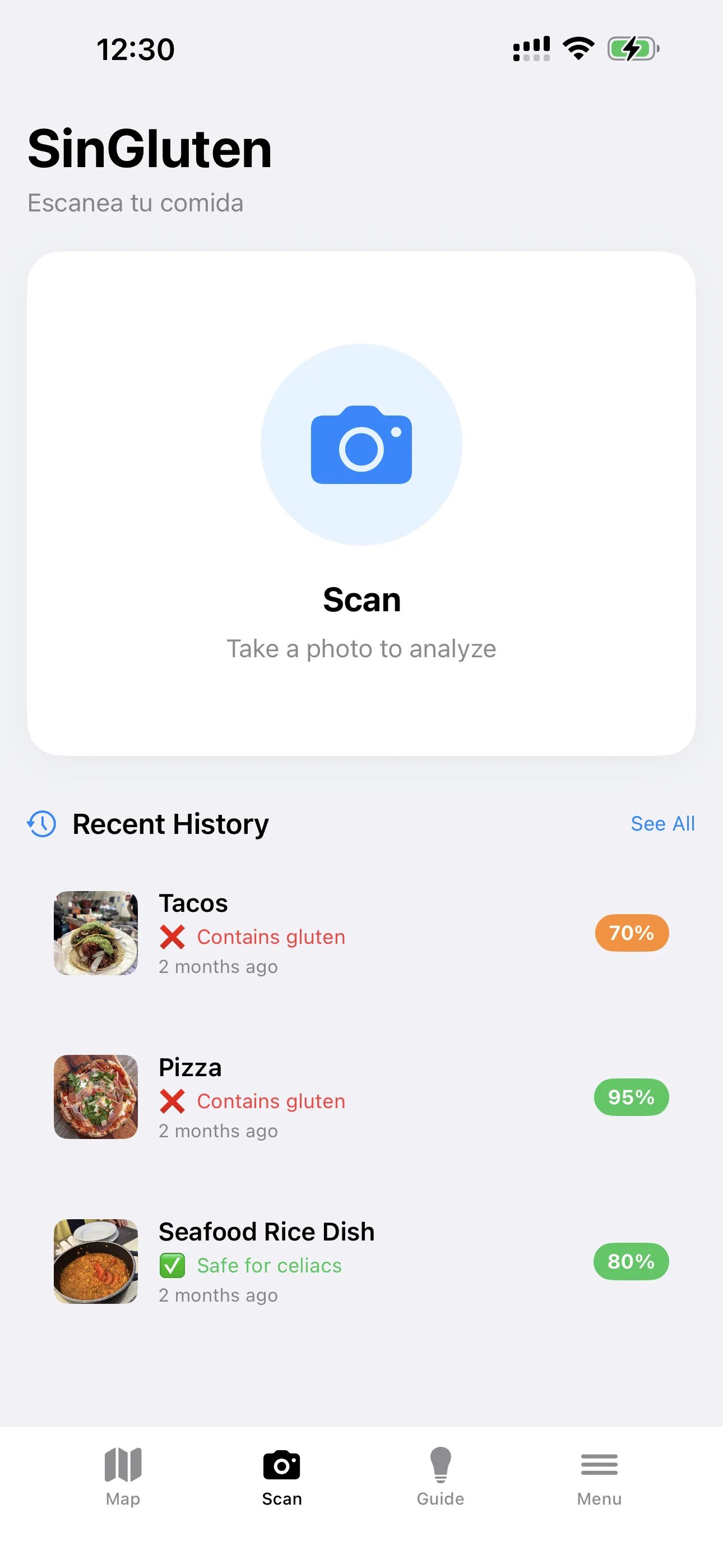 GF Scanner food scanner — scan history showing gluten results for tacos, pizza and rice dish