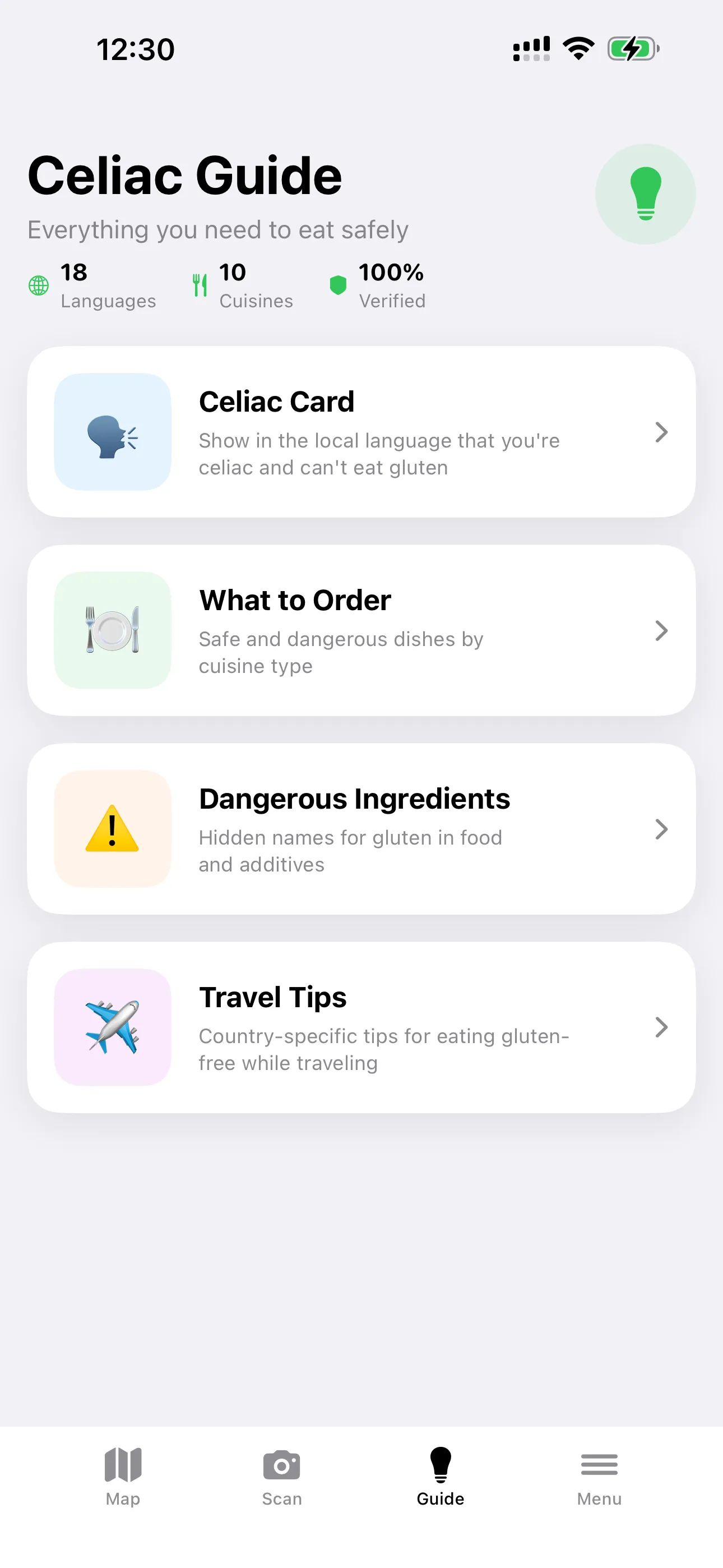 GF Scanner Celiac Guide with 18 languages, celiac card and travel tips
