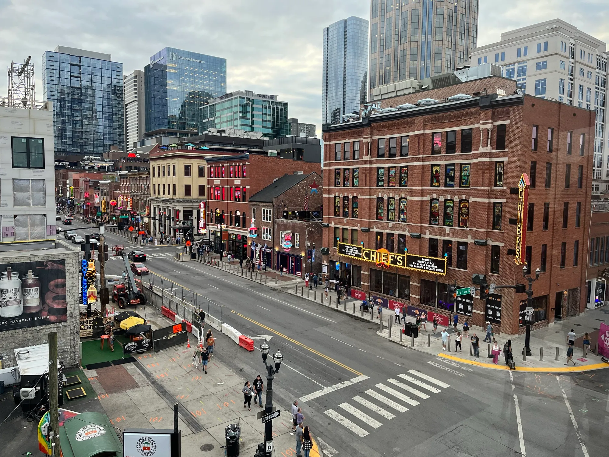 Lower Broadway in downtown Nashville with its neon signs and honky-tonks