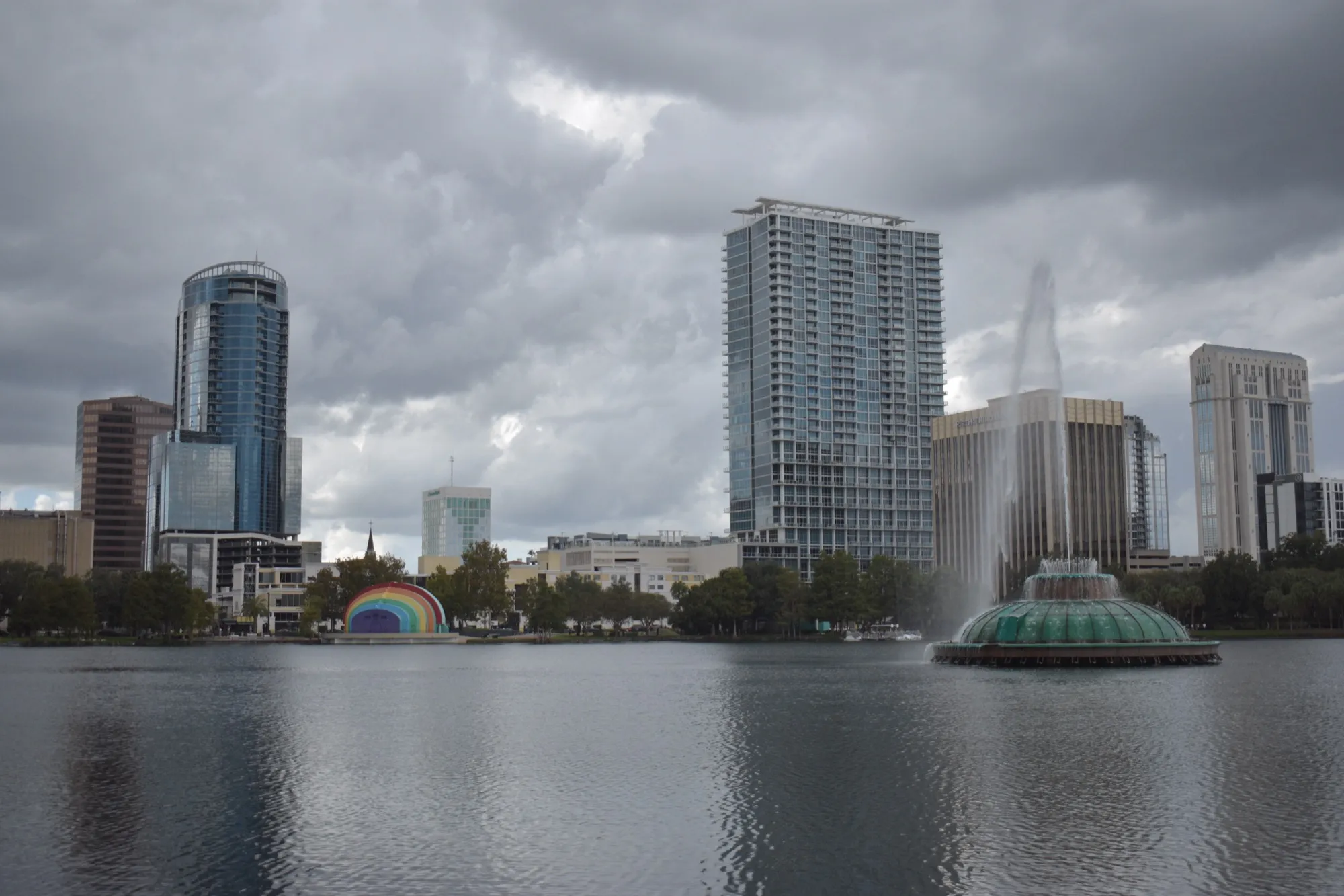 Lake Eola fountain and the downtown Orlando skyline