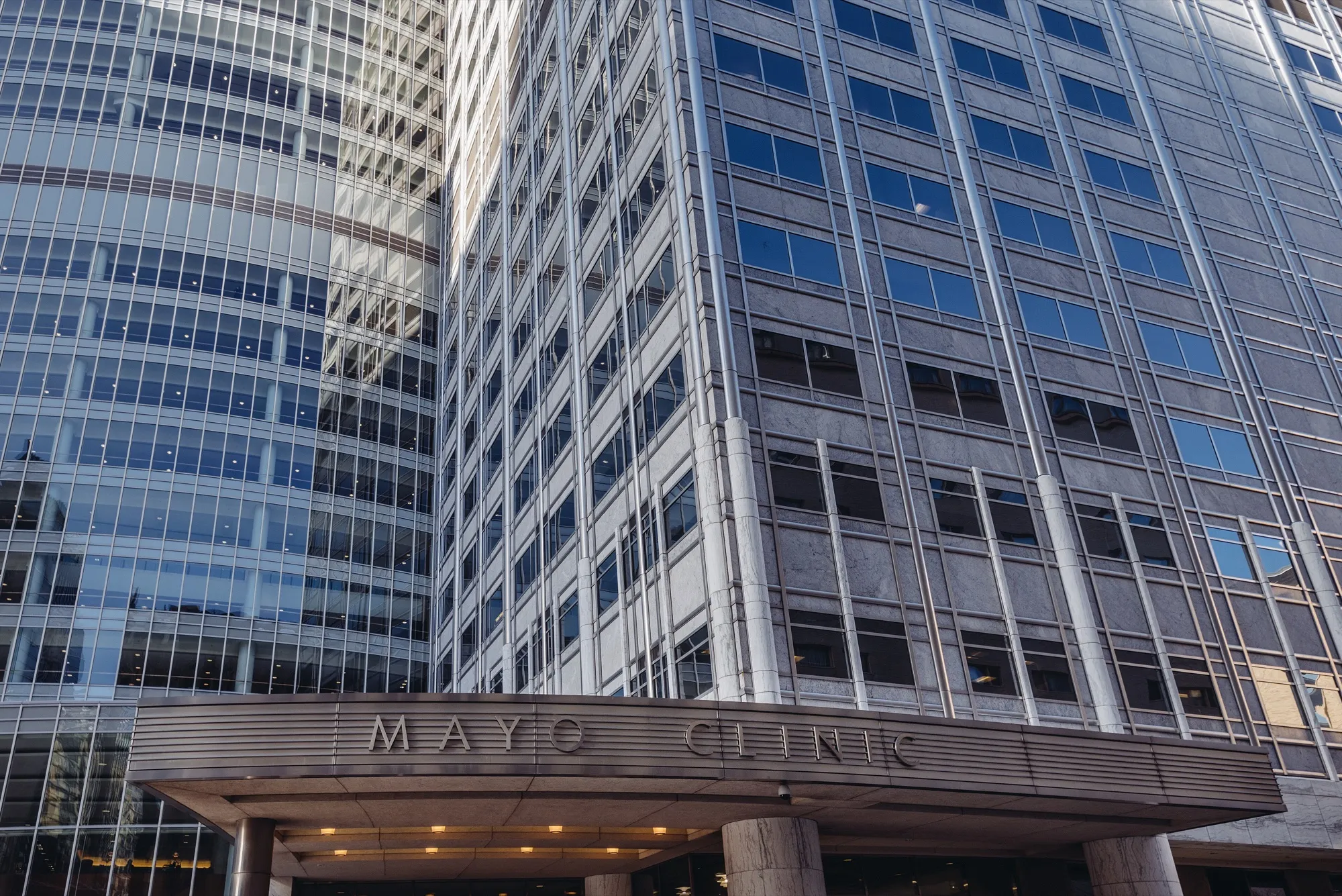 The entrance to the Mayo Clinic building in Rochester, Minnesota