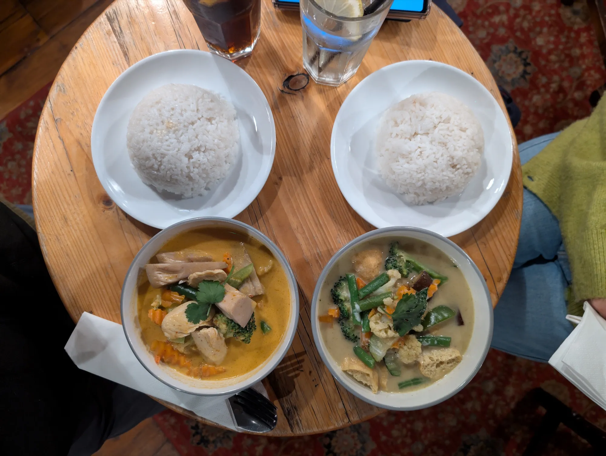 Thai yellow curry and green curry served with jasmine rice